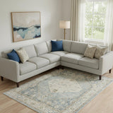 8' X 10' Blue and Silver Floral Medallion Power Loom Distressed Washable Area Rug