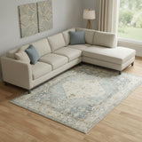 9' X 12' Blue Yellow And Cream Floral Medallion Distressed Washable Area Rug