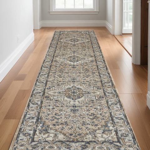 16' Beige And Gray Medallion Distressed Runner Rug