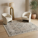 5' Beige and Gray Square Medallion Power Loom Distressed Area Rug