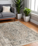 5' Beige and Gray Square Medallion Power Loom Distressed Area Rug