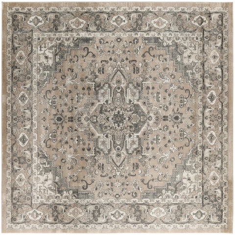 8' Beige and Gray Square Medallion Power Loom Distressed Area Rug