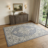 4' X 6' Blue And Ivory Medallion Distressed Area Rug