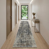 10' Beige And Blue Abstract Distressed Runner Rug