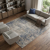 7' X 10' Beige and Blue Abstract Power Loom Distressed Area Rug