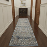 10' Ivory And Blue Floral Distressed Runner Rug