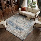 7' X 10' Blue and Ivory Medallion Power Loom Distressed Area Rug
