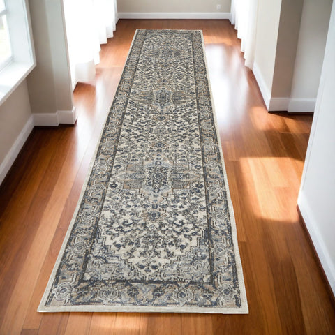 16' Gray And Ivory Medallion Distressed Runner Rug