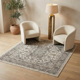 4' Gray and Ivory Square Medallion Power Loom Distressed Area Rug