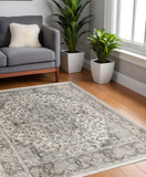 4' Gray and Ivory Square Medallion Power Loom Distressed Area Rug
