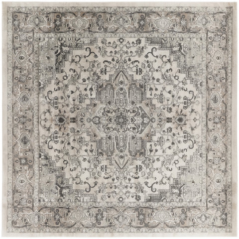 8' Gray and Ivory Square Medallion Power Loom Distressed Area Rug
