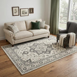 5' X 7' Gray and Ivory Medallion Power Loom Distressed Area Rug