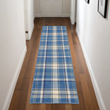 8' Blue And Beige Plaid Runner Rug