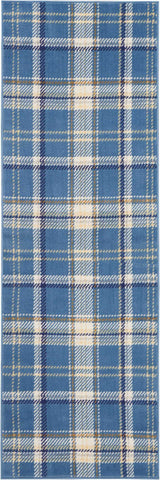 8' Blue And Beige Plaid Runner Rug