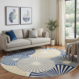 8' Blue and Ivory Round Geometric Power Loom Area Rug