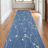 12' Blue And Ivory Floral Vines Runner Rug