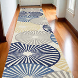 10' Ivory Blue And Gray Geometric Runner Rug