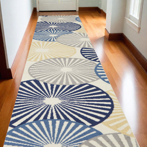 12' Ivory Blue And Gray Geometric Runner Rug