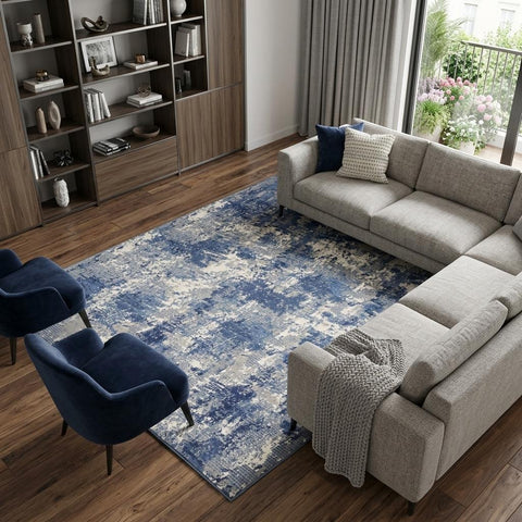 8' X 10' Blue and Ivory Abstract Power Loom Area Rug