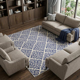 7' X 10' Blue and White Damask Power Loom Area Rug