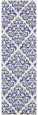 8' Blue And White Damask Runner Rug