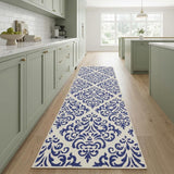 8' Blue And White Damask Runner Rug