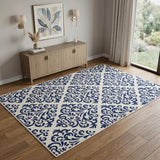 4' X 6' Blue and White Damask Power Loom Area Rug