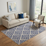 5' X 7' Blue And White Damask Area Rug