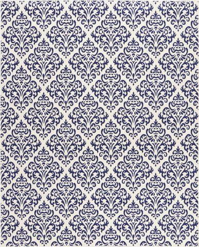 8' X 10' Blue and White Damask Power Loom Area Rug