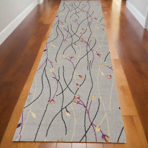 10' Gray Floral Vines Runner Rug