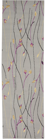 8' Gray And Pink Floral Runner Rug