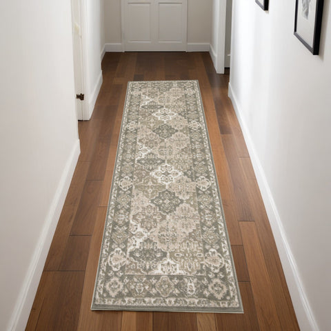 8' Green And Ivory Medallion Distressed Runner Rug