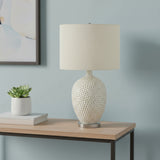 28" White and Silver Ceramic Round Table Lamp With Cream Drum Shade