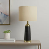 28" Black and Gold Metal Cylinder Table Lamp With Beige Drum Shade