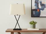 25" Black Metal Geometric USB Table Lamp With Beige Shade
