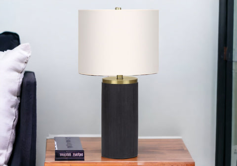 24" Black and Gold Concrete Cylinder Table Lamp With Ivory Drum Shade