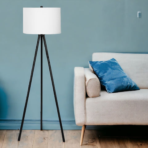 63" Black LED Light Changing Floor Lamp With Cream Fabric Drum Shade