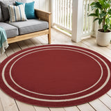 4' Red And Ivory Round Indoor Outdoor Area Rug