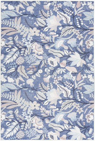 4' X 6' Blue and Ivory Floral Power Loom Washable Non Skid Area Rug