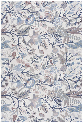 4' X 6' Ivory and Blue Floral Power Loom Washable Non Skid Area Rug