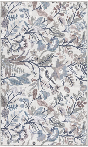 3' X 5' Ivory and Blue Floral Power Loom Washable Non Skid Area Rug