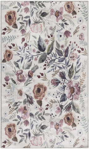3' X 5' Pink and Ivory Floral Power Loom Washable Non Skid Area Rug