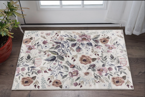 3' X 5' Pink and Ivory Floral Power Loom Washable Non Skid Area Rug