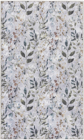 3' X 5' Gray and Blue Floral Power Loom Washable Non Skid Area Rug