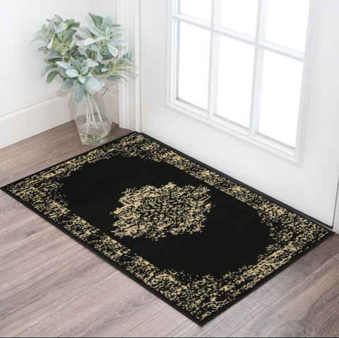 3' X 5' Tan and Black Medallion Distressed Non Skid Area Rug