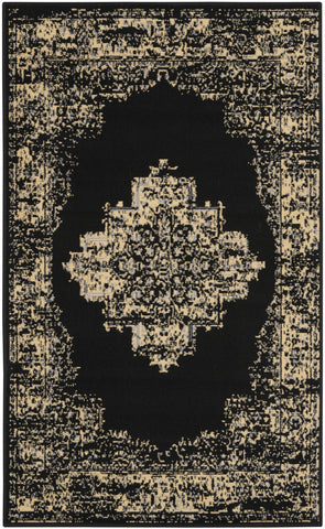 3' X 5' Tan and Black Medallion Distressed Non Skid Area Rug