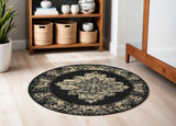 5' Tan and Black Medallion Distressed Non Skid Round Rug