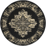 5' Tan and Black Medallion Distressed Non Skid Round Rug