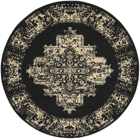 5' Tan and Black Medallion Distressed Non Skid Round Rug