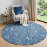 4' Blue And Beige Floral Vines Round Rug